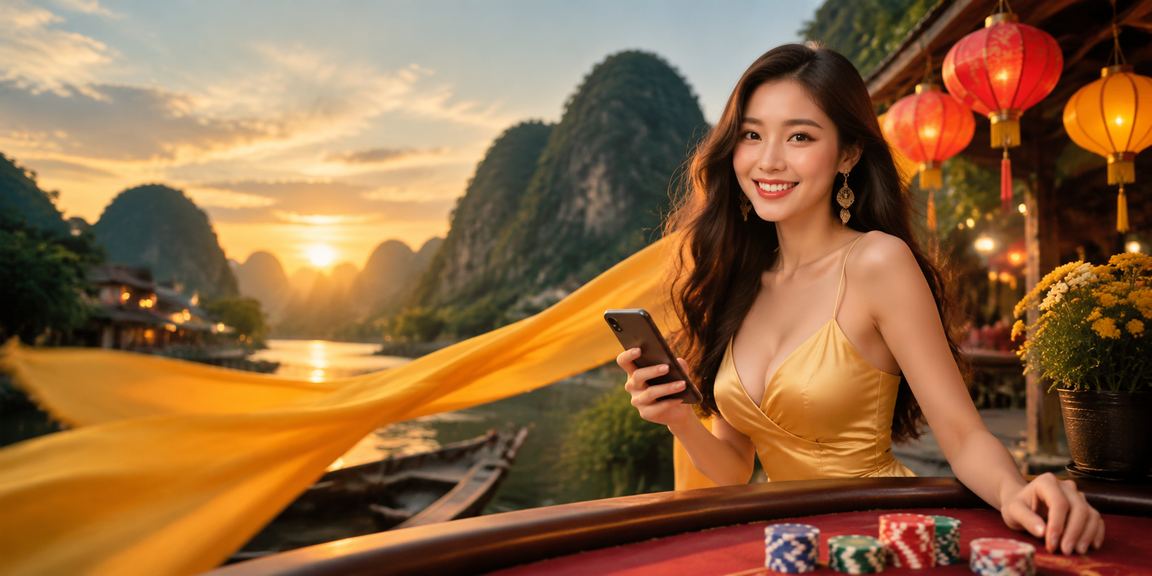 Người dùng Hội An mở ứng dụng giải trí mobile dưới ánh đèn lồng
